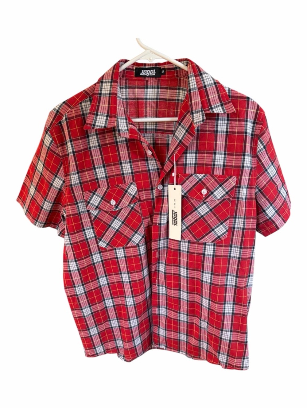 Red Plaid Short-Sleeve Button-Down Shirt for men by Jogal